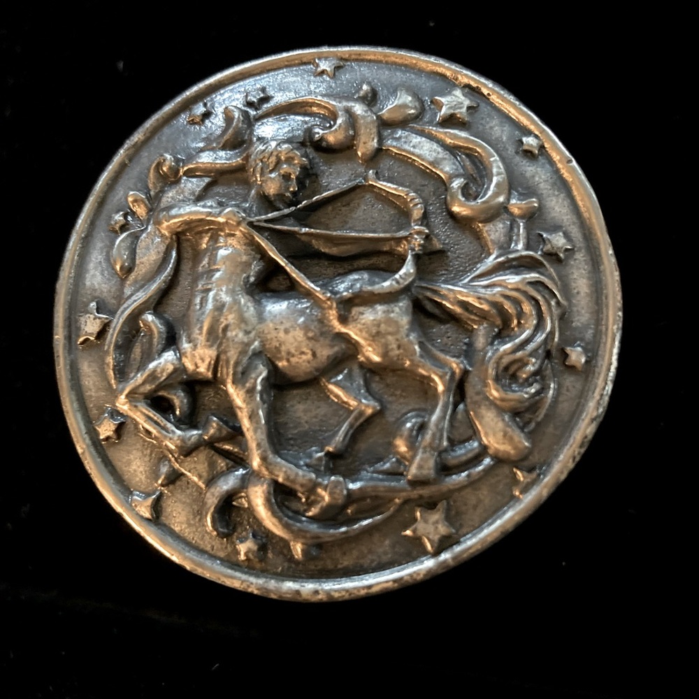Sagittarius 2 pc set. Carved pewter trinket box 925 Silver Bow & Arrow Ring Sz 5